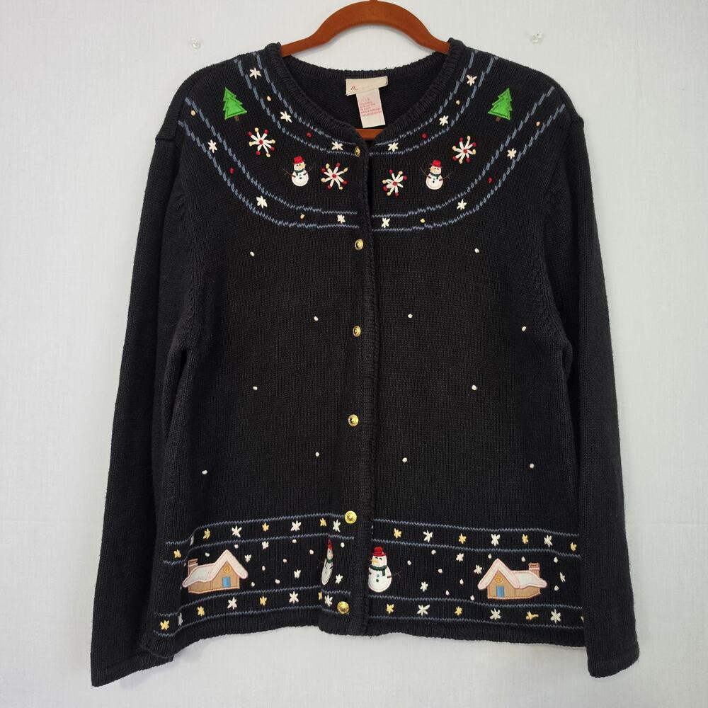 Vintage Ramie Blend Embroidered Christmas Cardigan size L Snowmen Snowflakes 90s